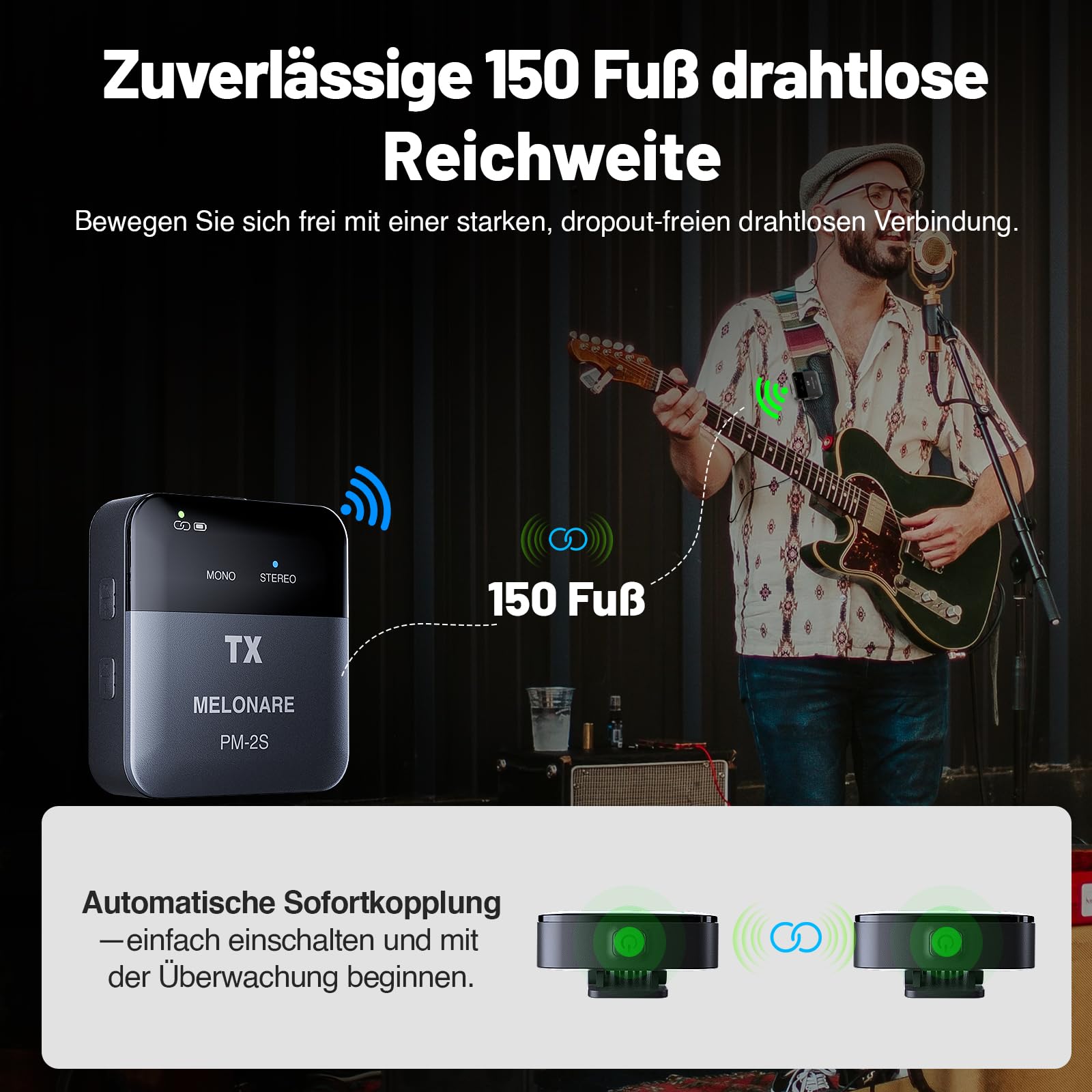 MELONARE PM-2S Tragbares Drahtloses In-Ear-Monitoring-System, Mono/Stereo-Umschaltung, Drahtloser Audio-Sender und -Empfänger, 24bit/48kHz Audio, OTG-Eingang, IEM für Live-Shows, Studios und Bands
