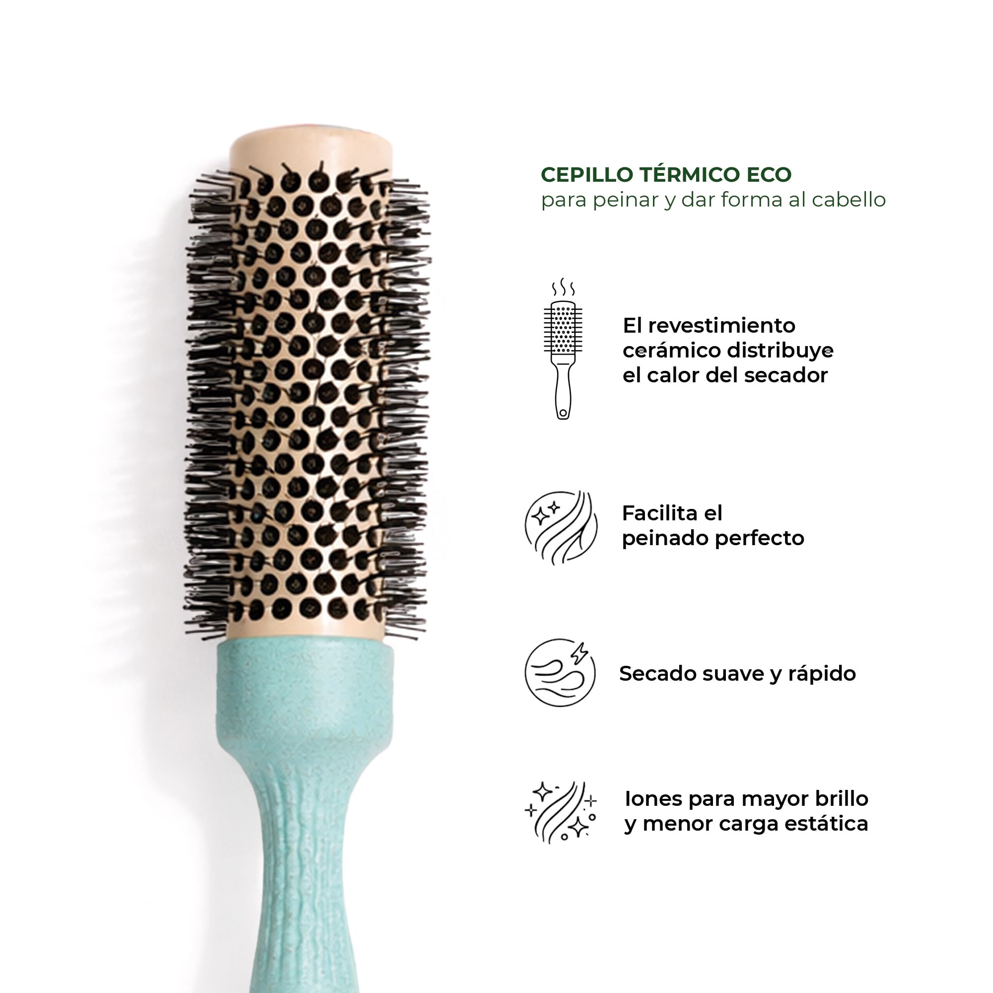 PONETTE NATURAL - Cepillo Térmico Redondo ECO de Aluminio con Revestimiento Cerámico de 34mm de Diámetro Verde Turquesa, Fabricado con Fibra Natural de Trigo, 100% Reciclable, Marca Española