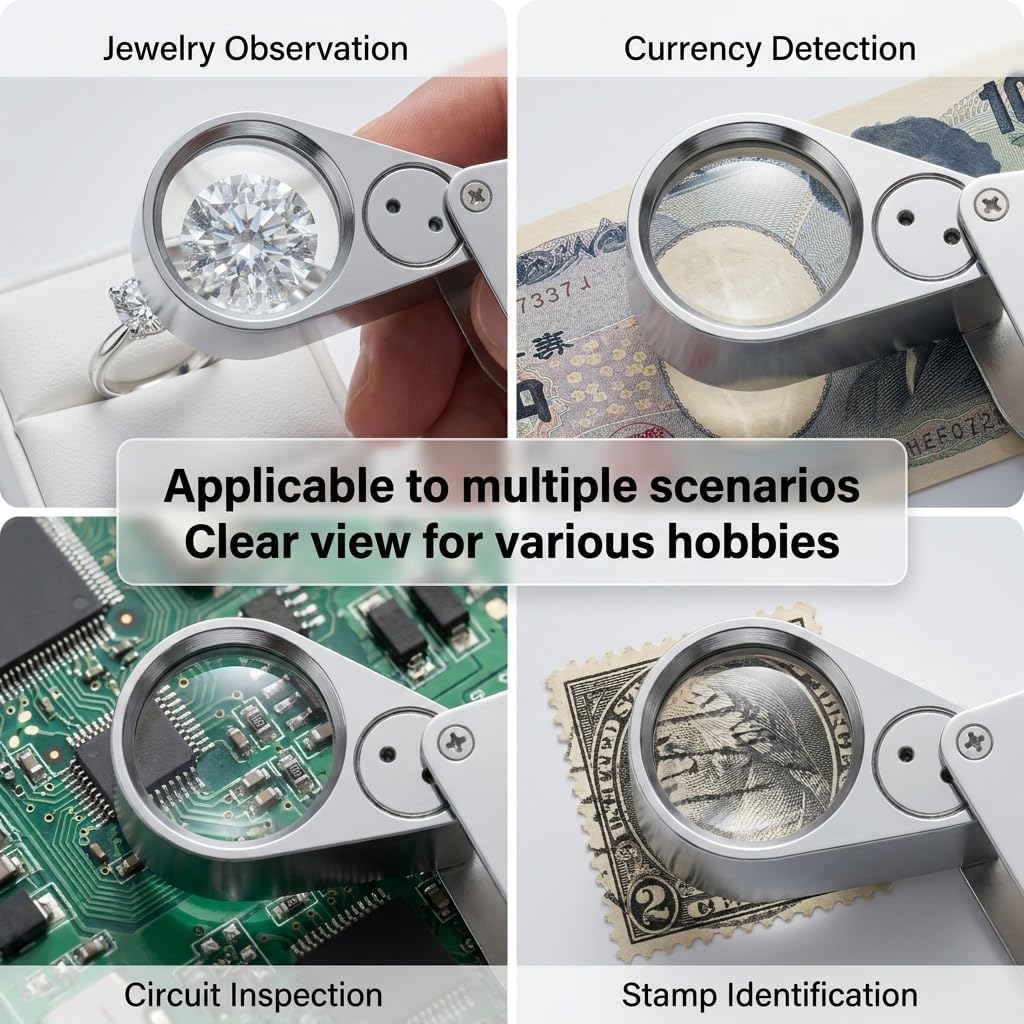2 Pack 40X Metal Illuminated Jewelry Loop Magnifier, Magnifying Glass with LED Light Pocket Folding Jewelers Loupe for Currency Detecting Jewlers Identifying Type Lupe