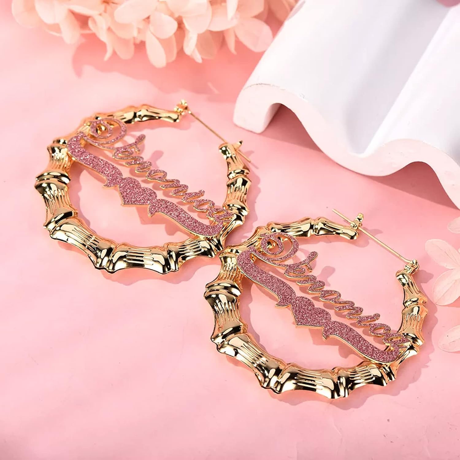 Custom Name Earrings Personalized Bamboo Earrings with Heart 18K Gold Plated Big Hoop Earrings Fashion Jewelry Gift for Women Girls
