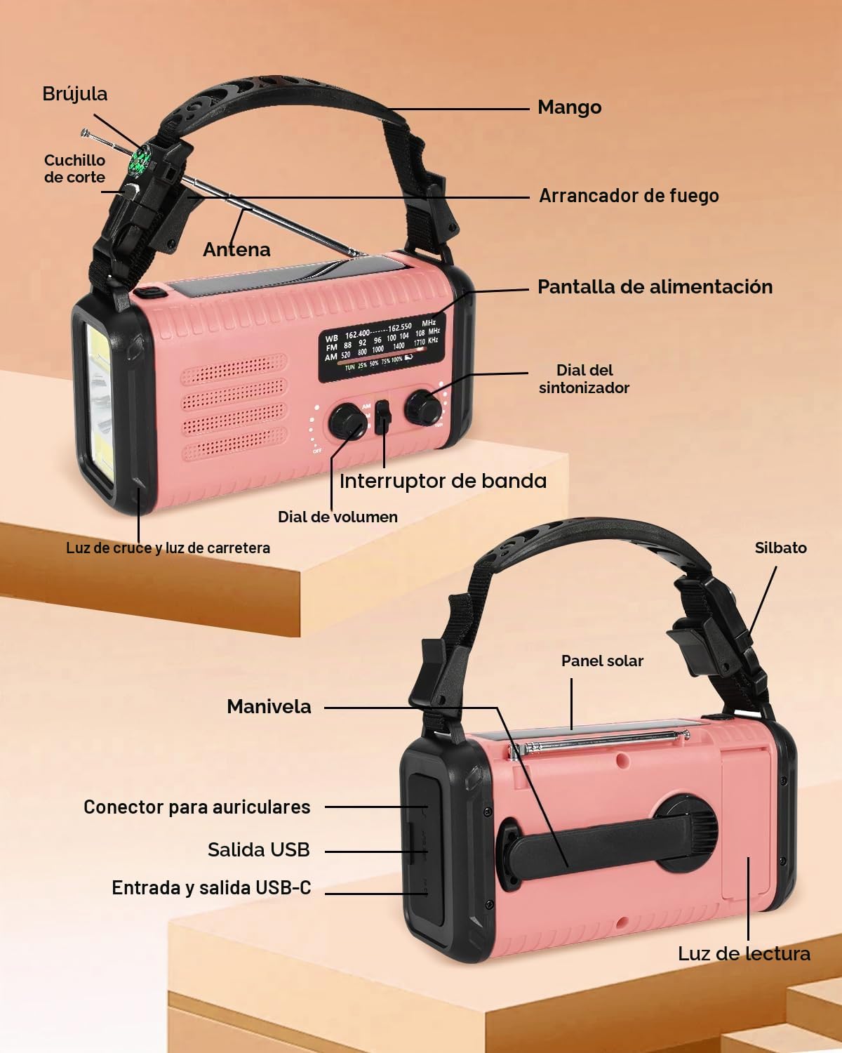 Radio Kurbel de 20000 mAh, radio de notificación solar portátil con amplificador AM/FM, alarma SOS, lámpara de luz LED y lámpara de bolsillo, notificación de caída (Rosa)