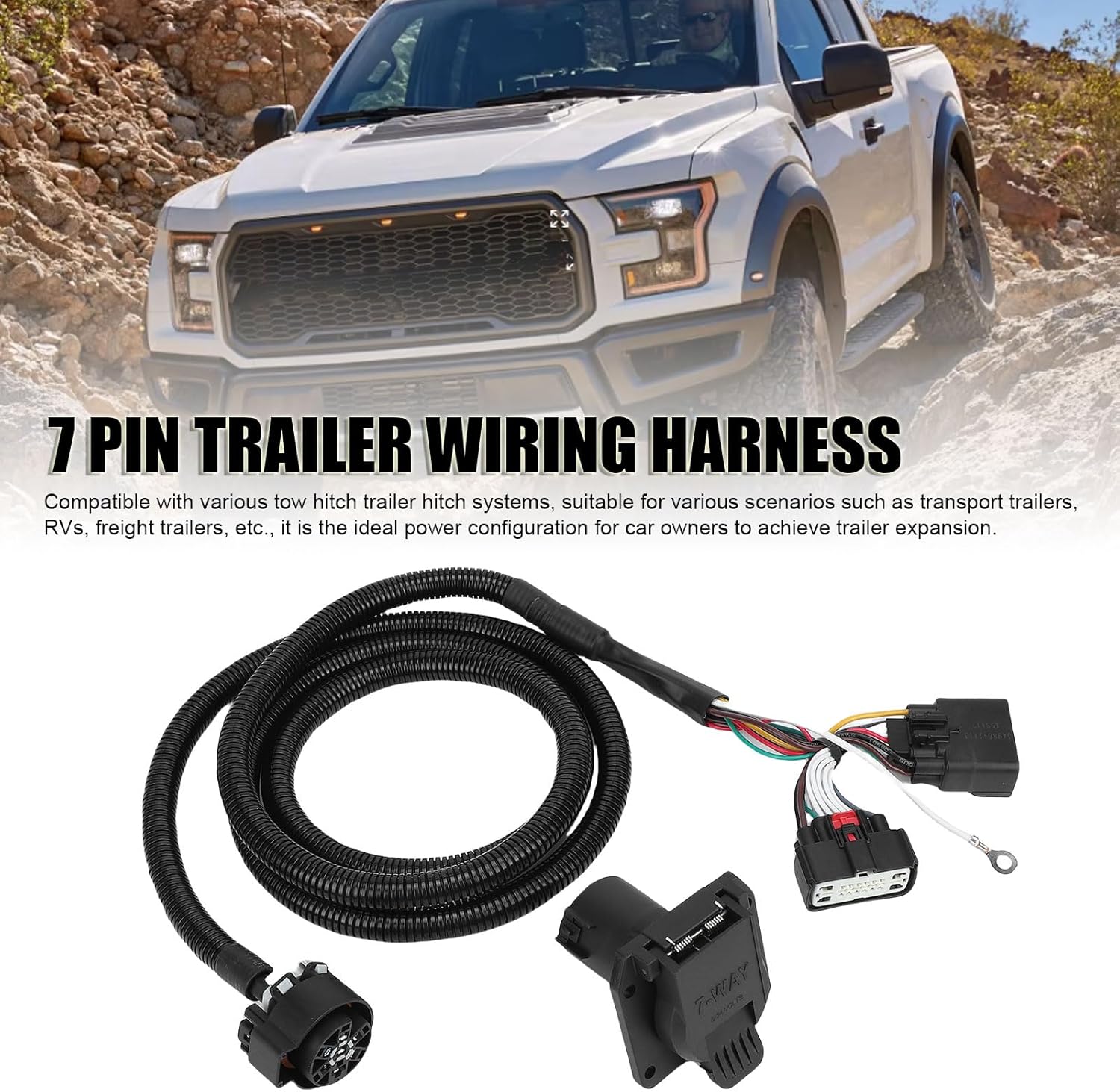 Eujgoov 7 Pin Trailer Wiring Harness Kit 7 Way Truck Wiring Socket for Tail Lights Brake Lights Electric Brakes RV Boat Trailer