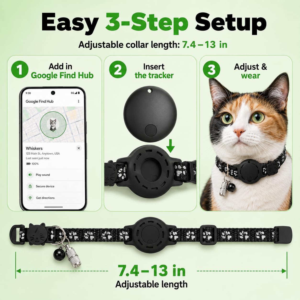 GPS Collar for Cats (Android Only) Pet Tracker, Soccer Style Smart Tag Compatible with Google Find My, Waterproof No Monthly Fee Cat Tracking Collar, Game Day Football Design for Pet Safety