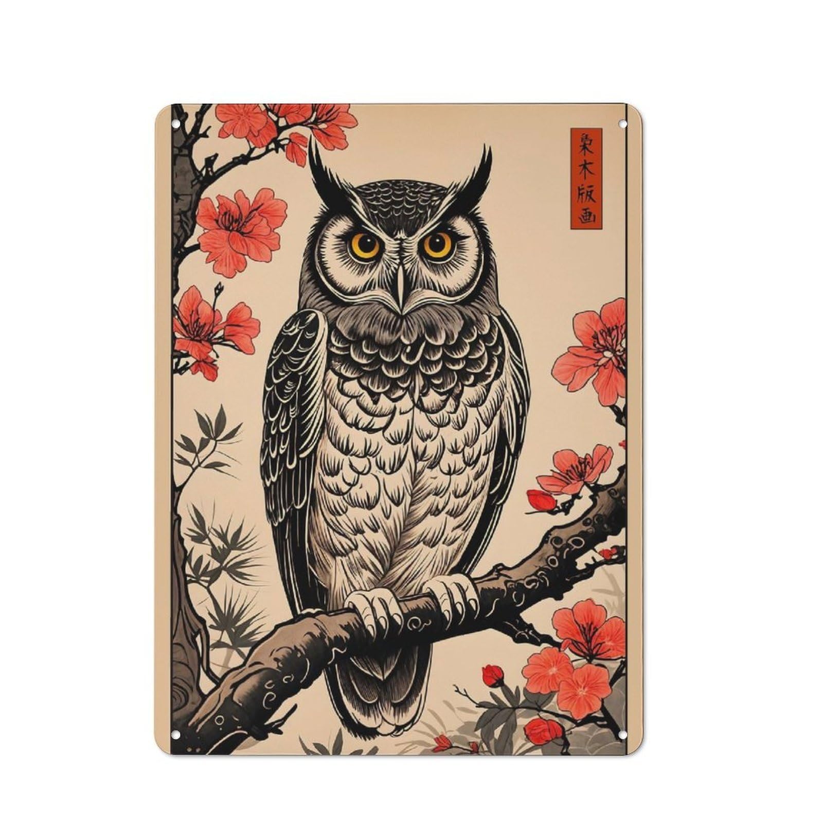 Junmoney Owl Japanese Art Classic Metal Wall Decor 40X30cm, Decorative Metal Sign For Workspace, Cafe, Shop Or Desk Area