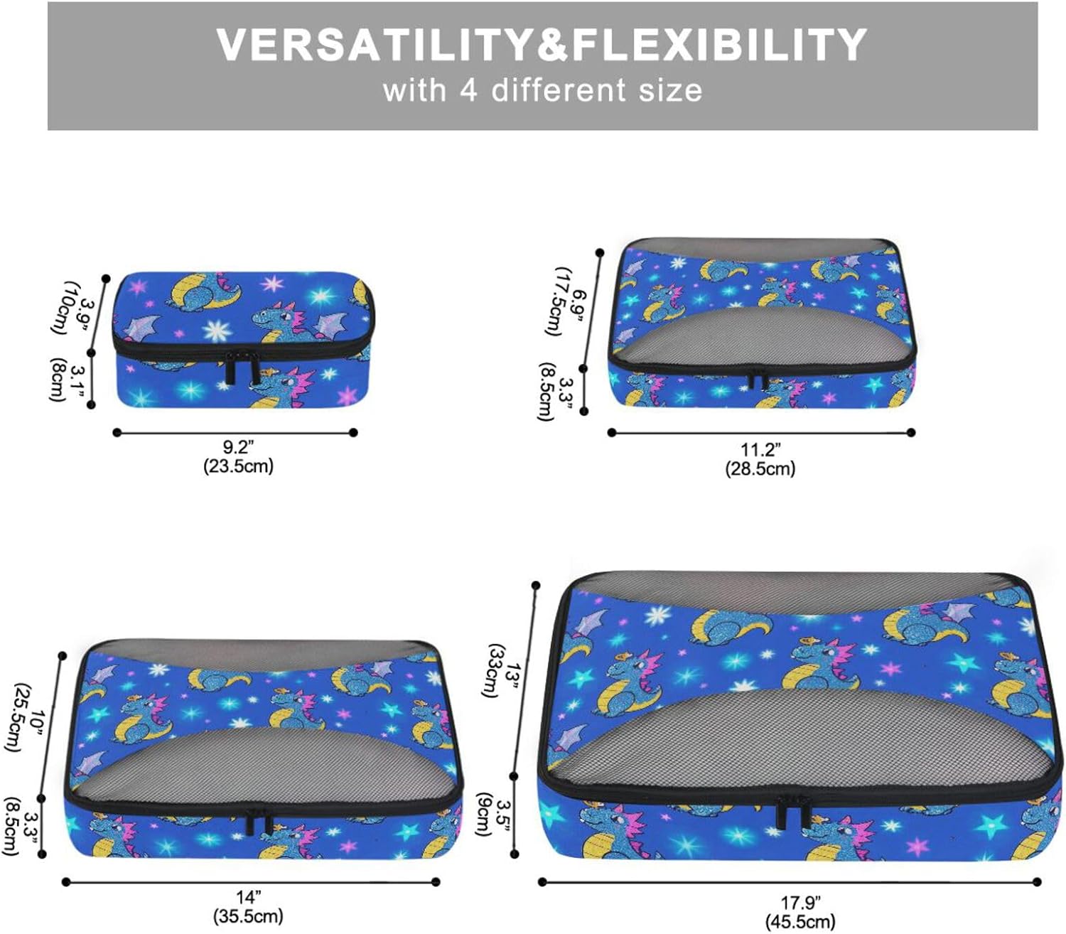 Fake Glitter Cartoon Dragon Blue 4 Pcs set travel luggage organizer Mesh Travel Essentials expandable packing cubes compression