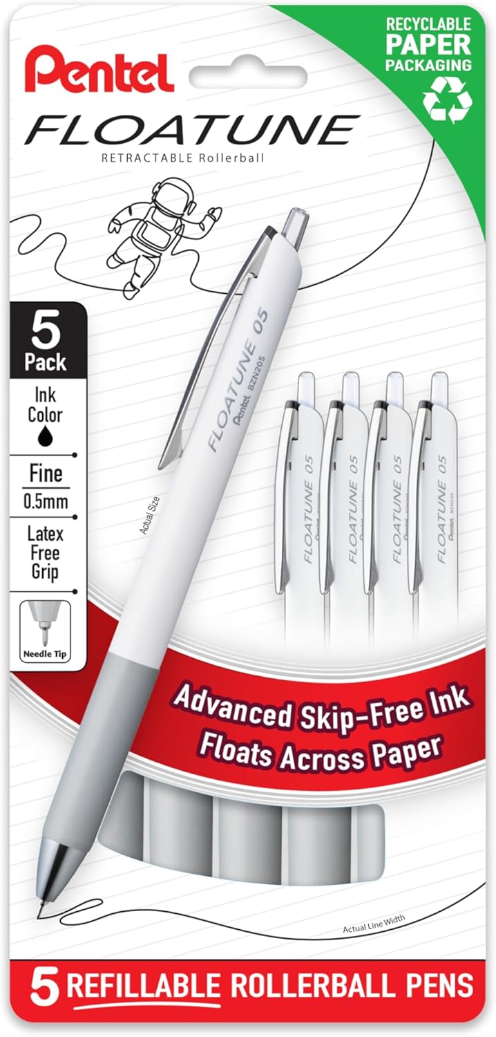 Pentel Floatune Retractable Rollerball, 0.5mm Fine Point, Black Ink, 5-pk (BZN205PF5A)