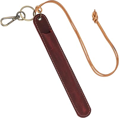 Genuine Leather Neck-Hanging Fountain Pen Pouch, Crazy Horse Wine Red Lanyard Pen Sleeve with Clip โ Single Pen Holder, Red, 1-Pack