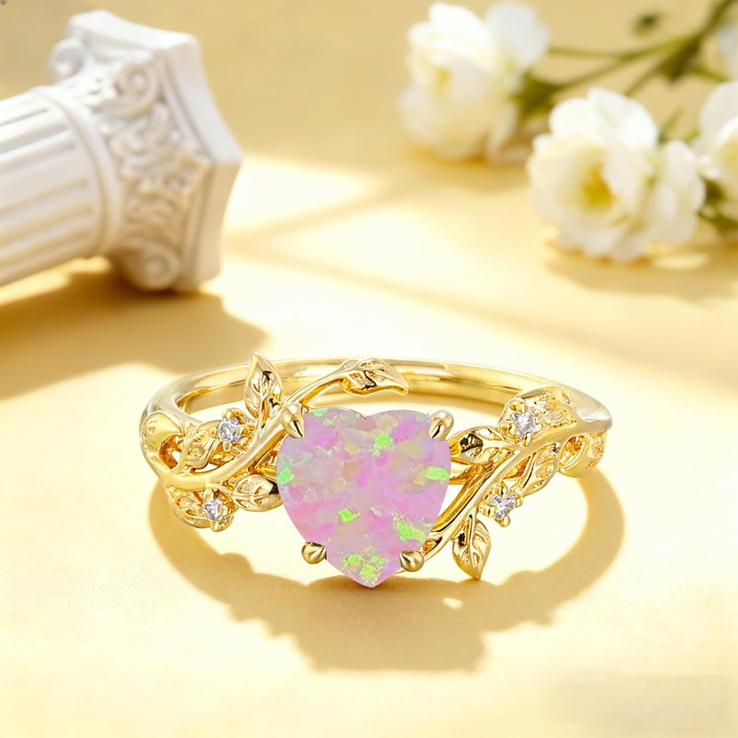 1-3 Carat Heart Cut Gemstone and Moissanite Wedding Ring 10K 14K 18K Solid Gold Birthstone Promise Rings 925 Sterling Silver Nature Inspired Leaf Rings Gemstone Engagement Ring for Women - Image 3