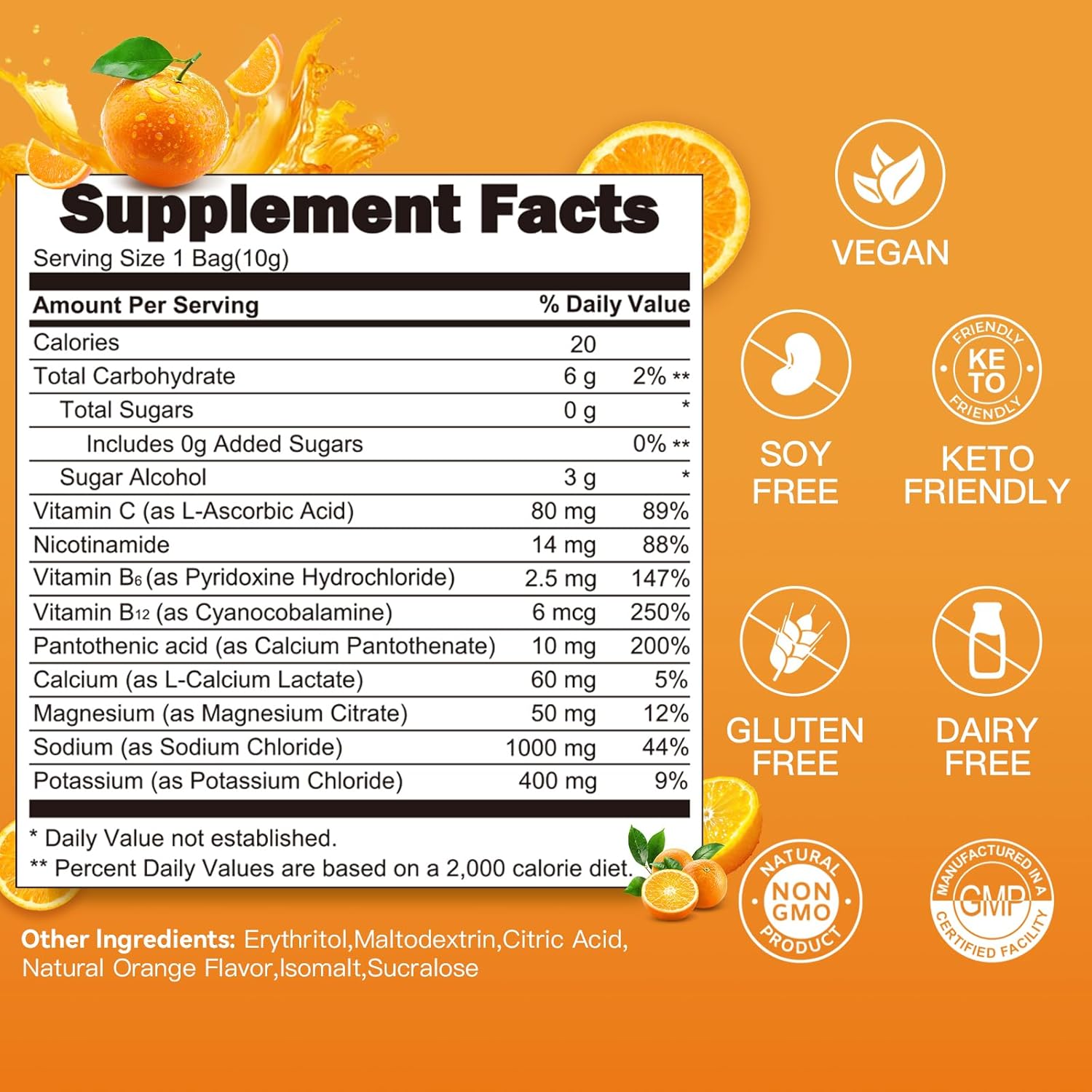 Electrolyte Supplement-1000mg Sodium with Potassium, Magnesium & B Vitamins, Zero Sugar Hydration Drink Mix for Dehydration Relief, Keto Friendly, Vegan, Gluten Free, Non-GMO, Orange Flavor(30-Count)