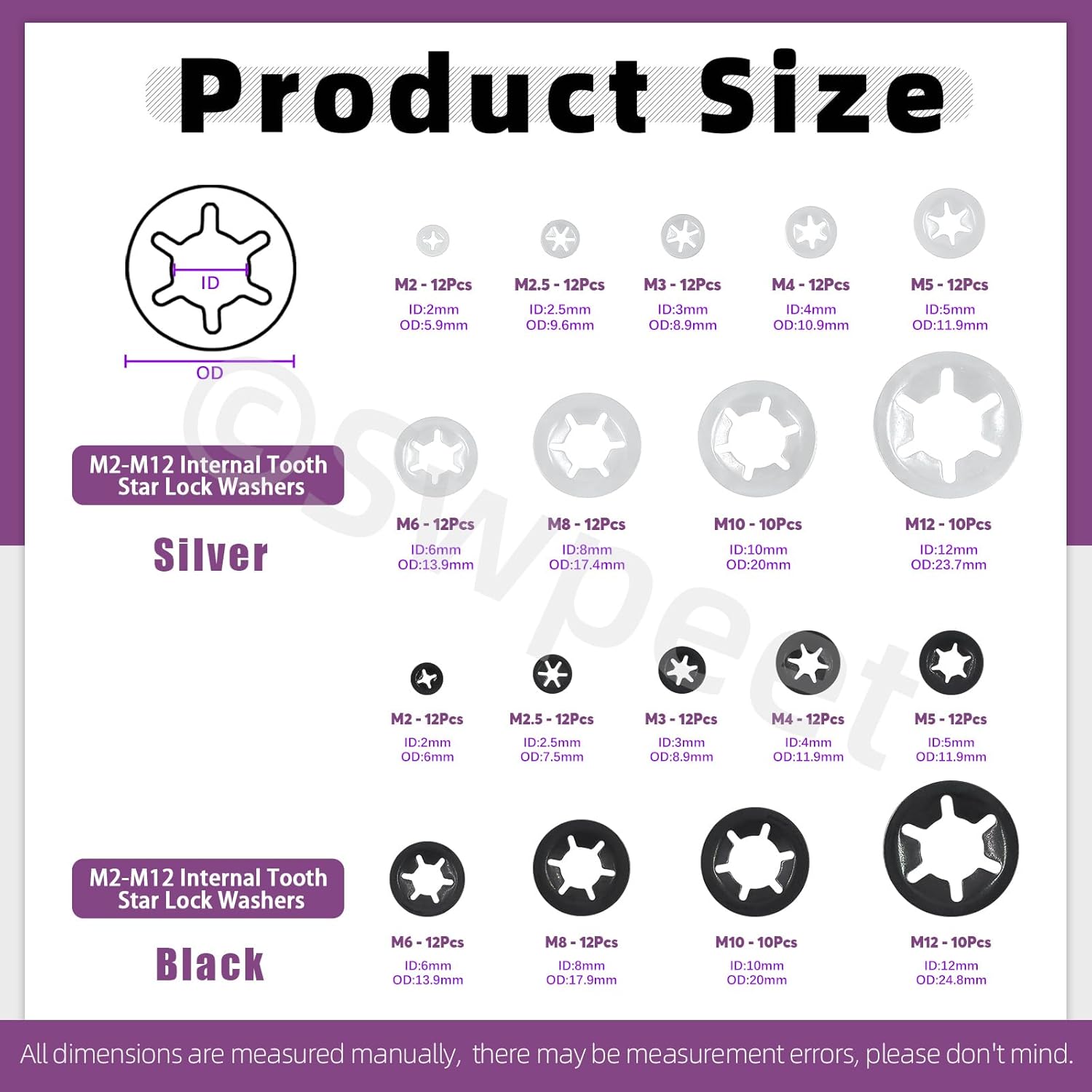 Swpeet 210Pcs 9 Sizes 304 Stainless Steel Internal Tooth Lock Washers with Tweezers Kit, M2 M2.5 M3 M4 M5 M6 M8 M10 M12 Spring Push On Locking Nuts Speed Clips Retaining Clips Tooth Lock Washers