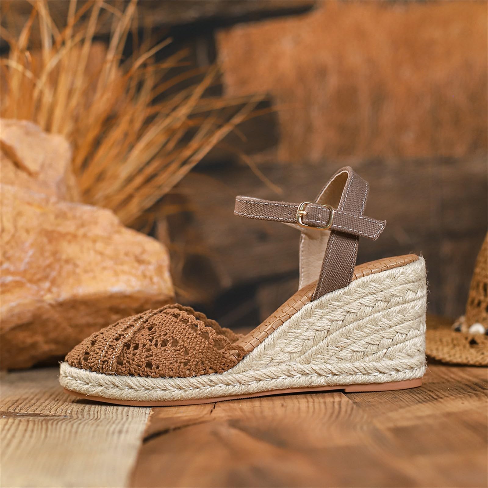 Sandalias De Alpargatas Bordadas Para Mujer, Con Y Tiras Al Tobillo, Punta Cerrada, Zapatos Verano Marca Mujer (Brown, 39) Cuñas Beige Cuña Andar Yute Negras Esparto