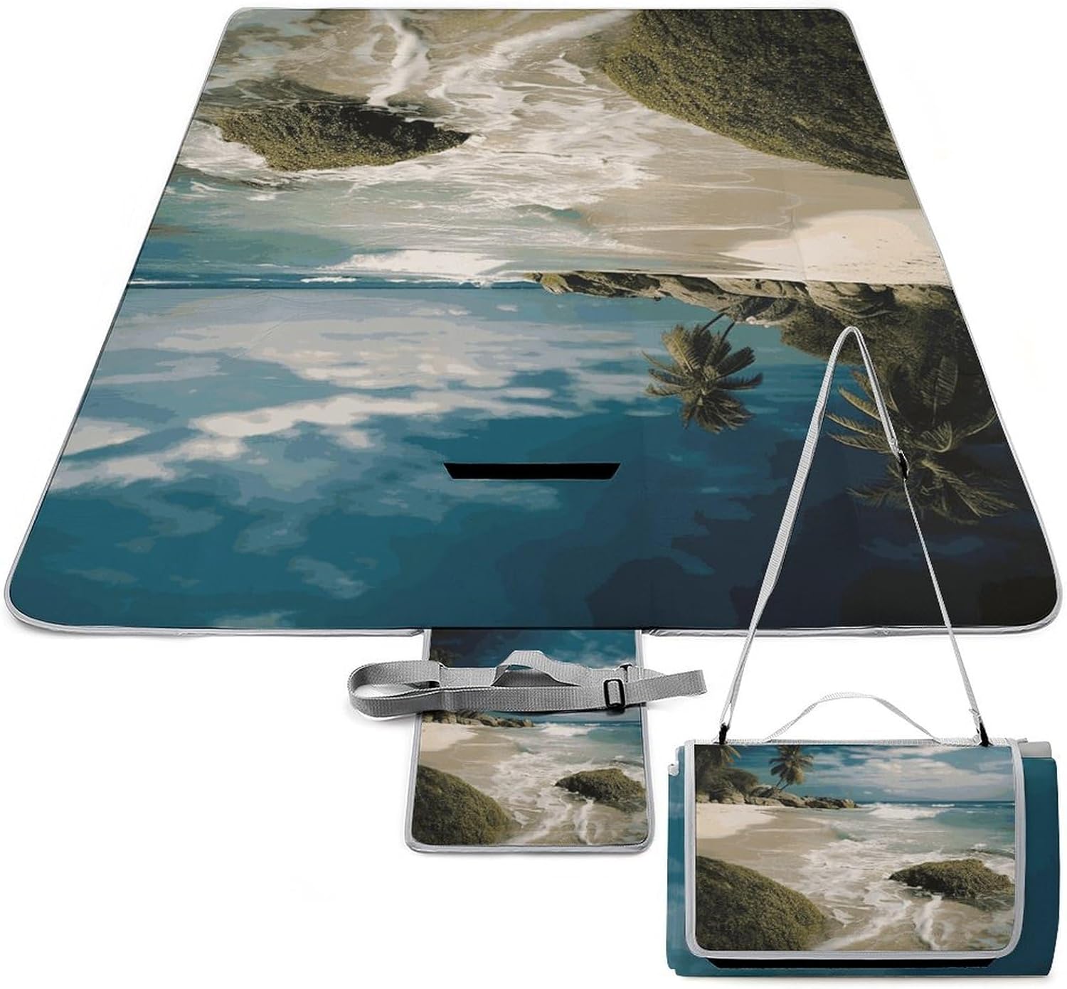 Beach Ocean Waterproof Picnic Blanket 58.3''x58.3'',Portable and Foldable Picnic Mat with Handle,Outdoor Blankets for Lawn Park Beach Travel