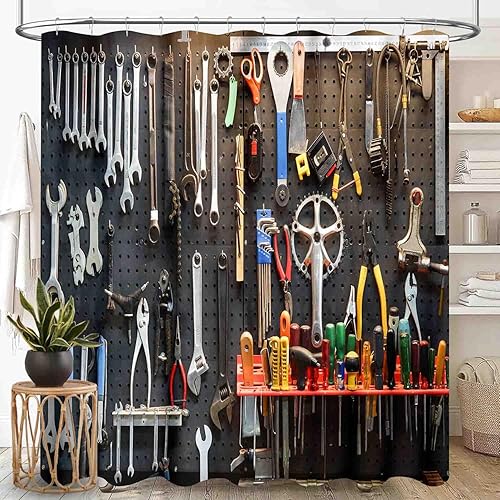 Cortina de ducha con diseño de cueva de hombre, retro, rústica, garaje, cobertizo, taller, reparación de automóviles, equipo vintage para niños,