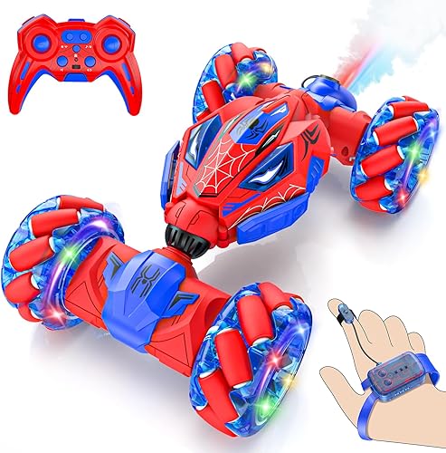 Unique 4WD 360° Rotating Gesture Sensing RC Stunt Car, Double‑Sided Driving RC Drift Car with Lights, Music & Spray, Kids Outdoor Cars Toys for Ages 6-12, Gifts for Boys 6-12,2 Replaceable Batterie