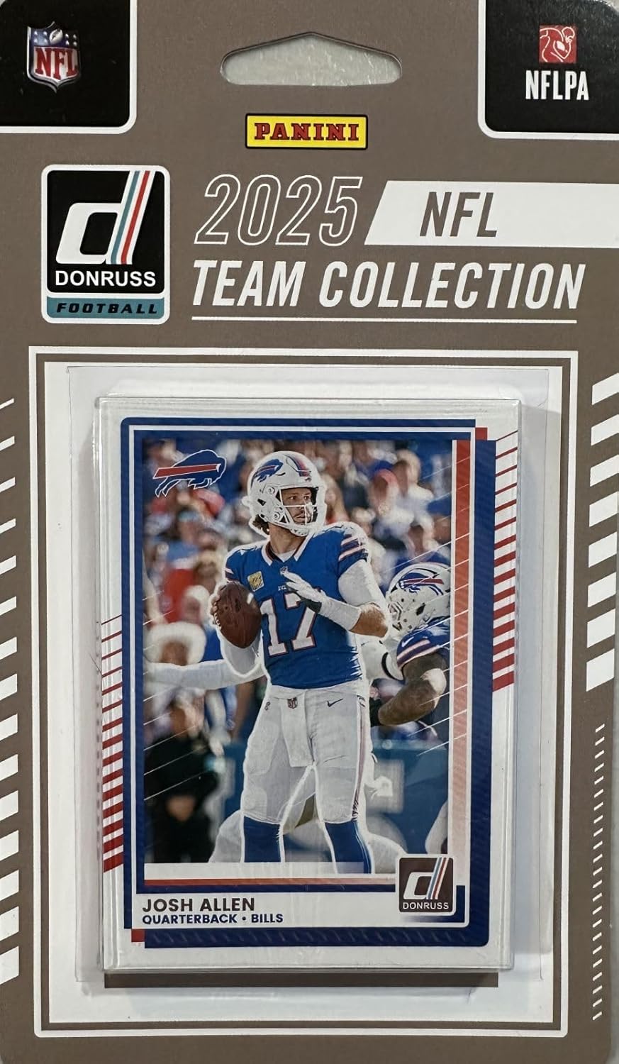 Buffalo Bills 2025 Donruss Factory Sealed 12 Card Team Set Featuring Josh Allen and Jim Kelly with Rated Rookie cards of TJ Sanders, Jackson Hawes and Maxwell Hairston