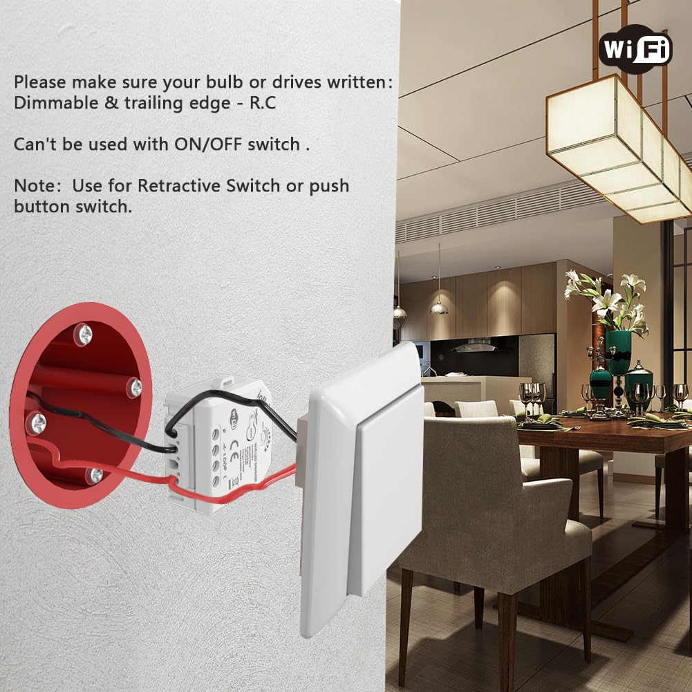 Variateur d'intensité WiFi/WiFi - Pour LED et halogène à intensité variable - 230 V - Pour lampes LED - Variateur rotatif encastré - Compatible avec Alexa et Google Home - 5-200 W