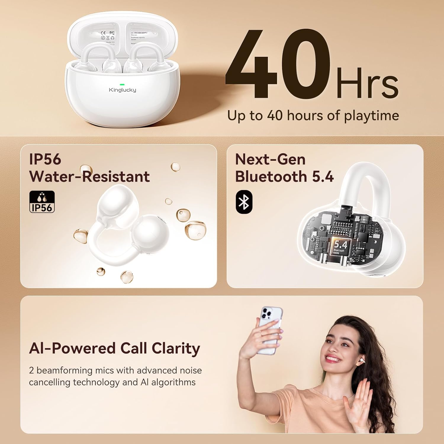 Kinglucky Clip-On Open Ear Earbuds (2026 Upgraded), Bluetooth 5.4 Wireless Headphones for Women, Comfortable Fit for Small Ears, Crystal-Clear Sound, 40H Playtime, Secure for Sports & Glasses – White