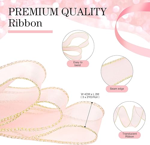 Miniatura 4 de Fulmoon 12 bolsas de regalo transparentes con asa y 2 rollos de cinta transparente rosa con ribete dorado, bolsa de regalo de PVC transparente