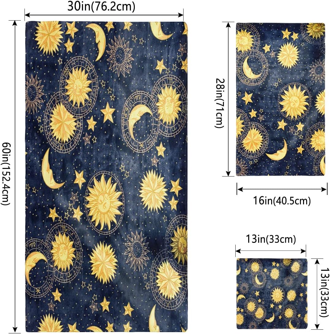 Bath Towel Sets,Night Vintage Moon Sun Star Bathroom Towels Soft Hand Towel Washcloth Cotton Towel Set,Absorbent Soft Bath Set for Hotel Beach Pool Yellow Celestial Fabric Midnight Towels