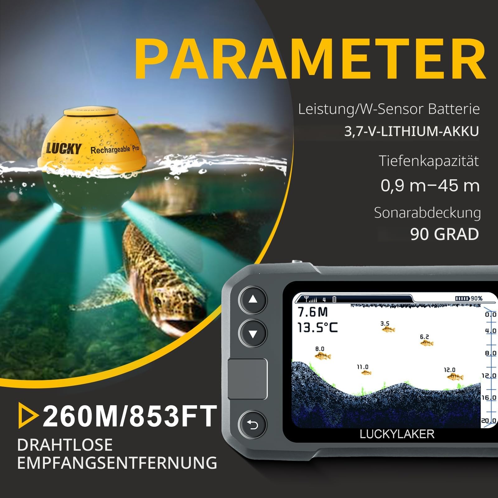 LUCKY Kajak Tragbarer Fischfinder Wandler Kabelloser Sonar Fischfinder Boot Wiederaufladbar Handheld Fischtiefenfinder Angeln MT-202