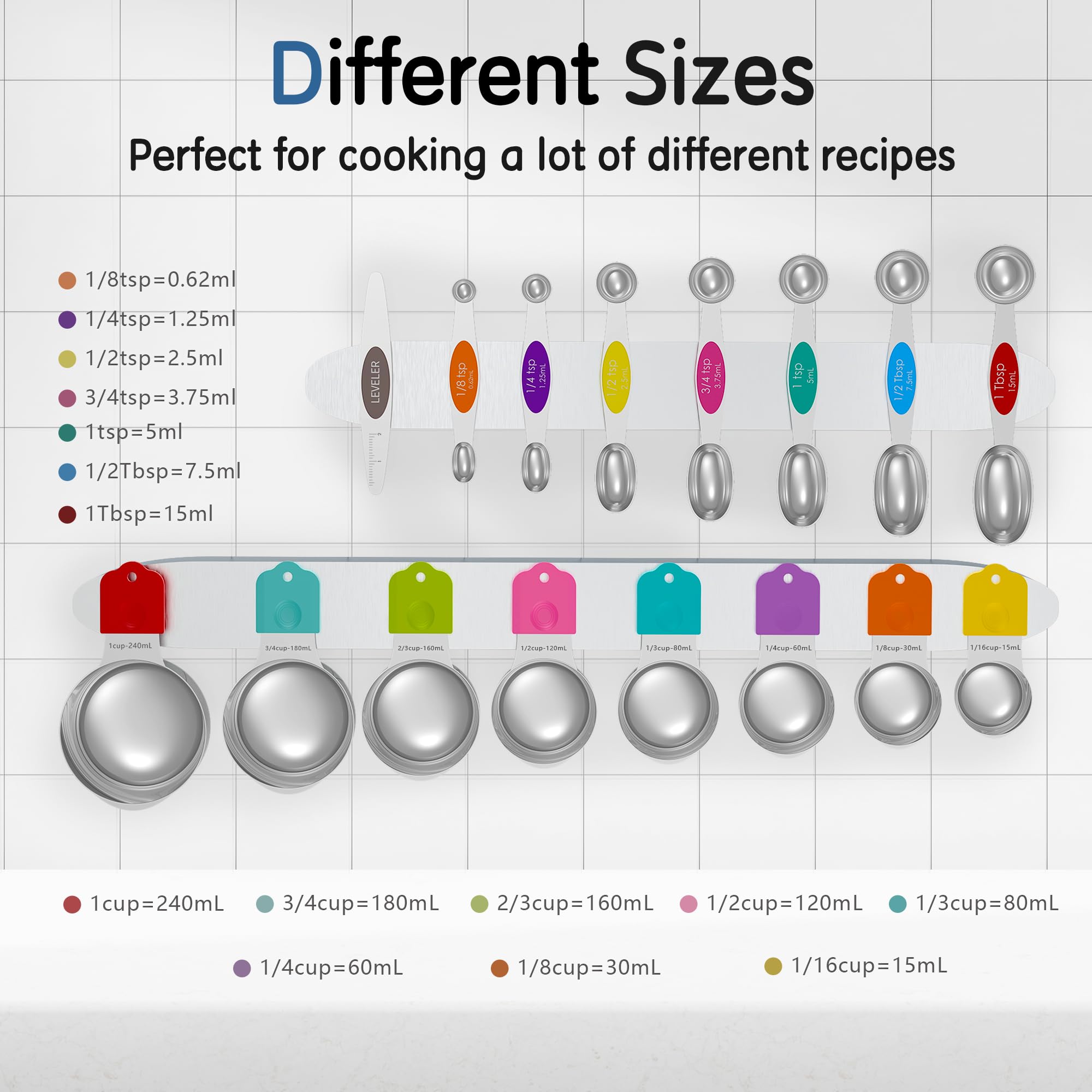 Minteem Magnetic Measuring Cups and Spoons Set, 5 Nesting Stainless Steel Measuring Cup Set with Easy to Read Markings, 7 Magnetic Measuring Spoons & 1 Leveler for Measuring Dry or Liquid Ingredients