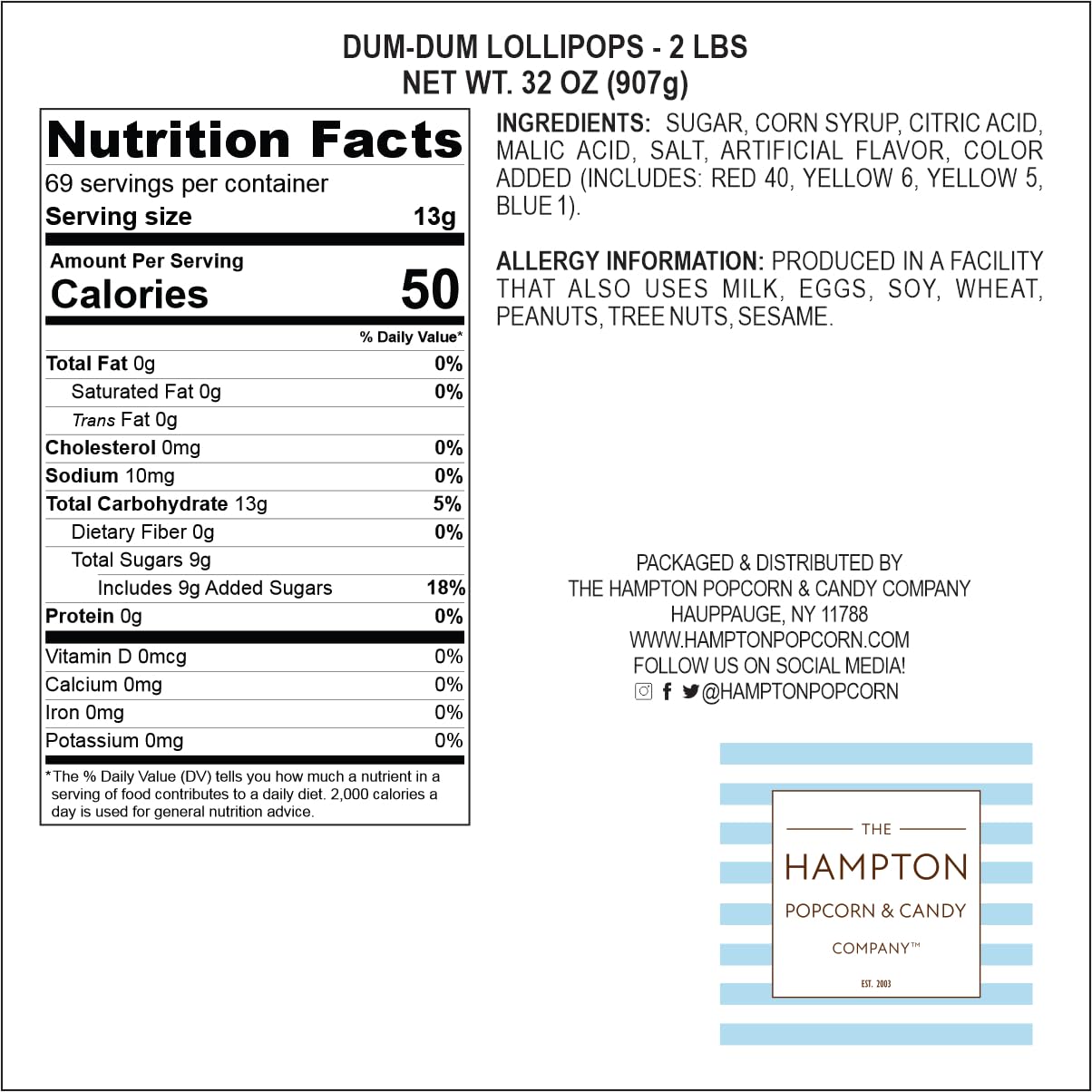 DUM DUMS Original Mix Lollipops, 2 lb Bag (120 Pieces Approx.), Gluten Free Hard Candy, Assorted Flavors, Individually Wrapped Lollipops, The Hampton Popcorn & Candy Company