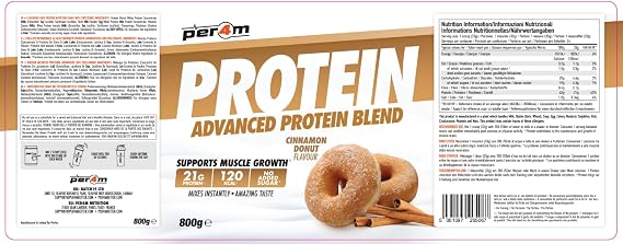 Per4m Advanced Protein Blend | 20g-21g of Protein per Serving | Whey Concentrate, Milk Protein Concentrate, Micellar Casein, Egg White Protein and Whey Isolate (800g, Cinnamon Donut)