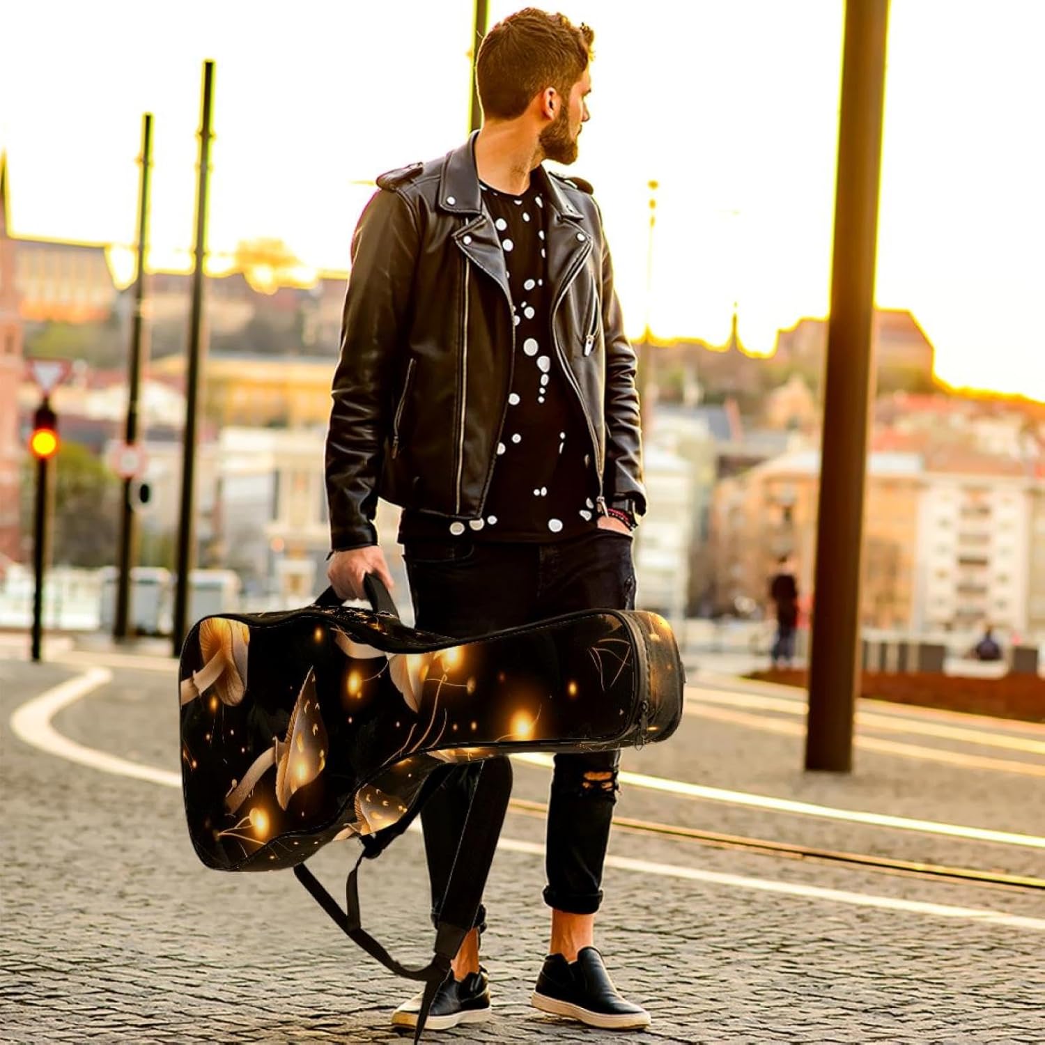 Acoustic Guitar Bag 0.4 Inch Thick Padding Waterproof Guitar Case Gig Bag for 40 41 42 Inch Electric Bass Classical Guitar, Cute Mushrooms Forest Seamless Pattern