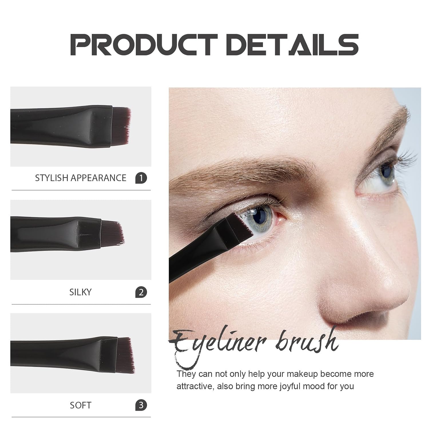 Zerodeko 3pcs Eyeliner and Eyebrow Makeup Brushes Set Angled and Flat Heads Black Plastic Handles Thin Eyeliner Brush for Precise Eye Makeup Application