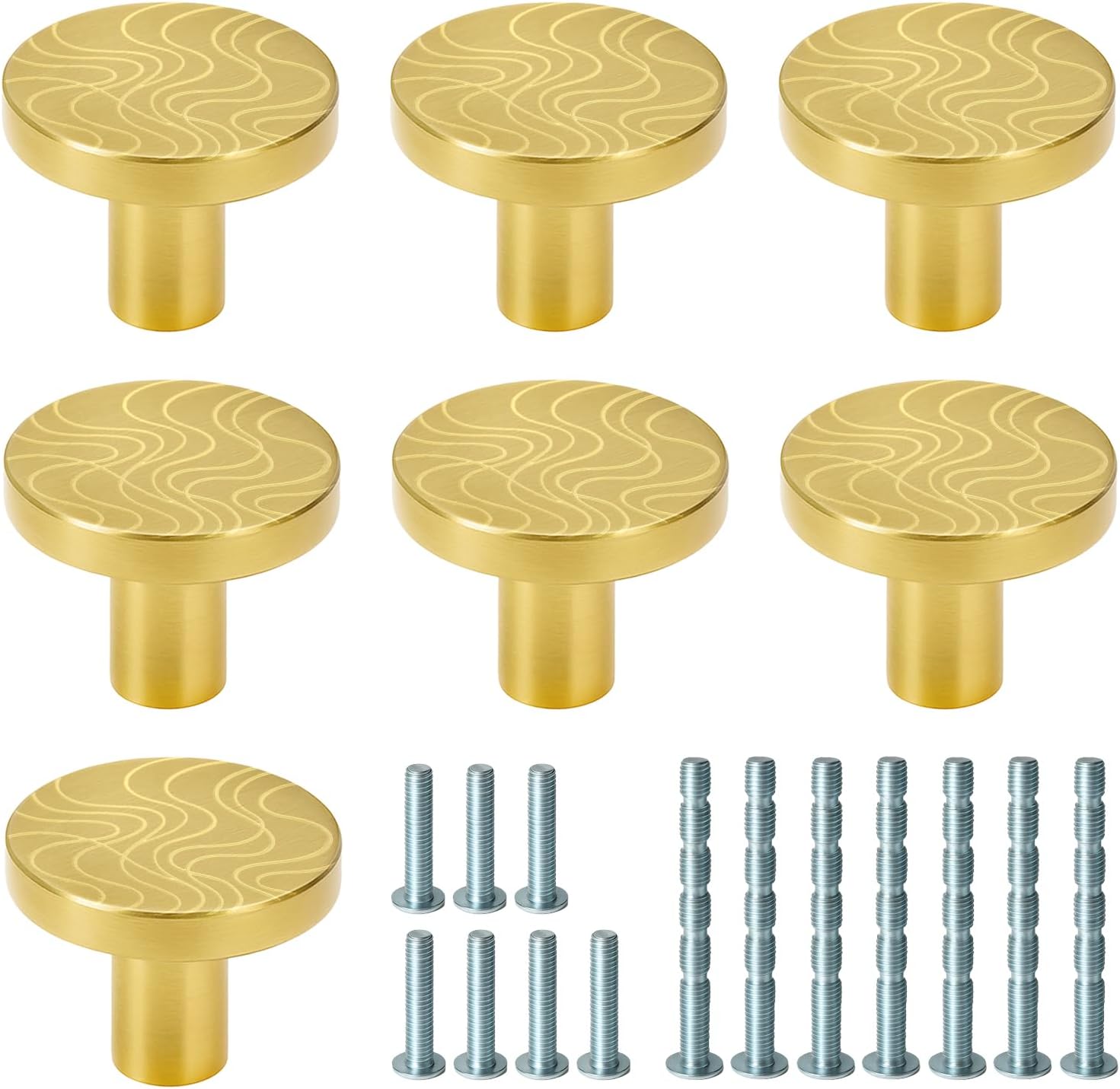 7-Pack Brushed Brass Cabinet Knobs - Solid Brass Round Knobs 1 inch, Engraved Gold Hardware for Kitchen & Bathroom Vanity, 2 Screw Lengths