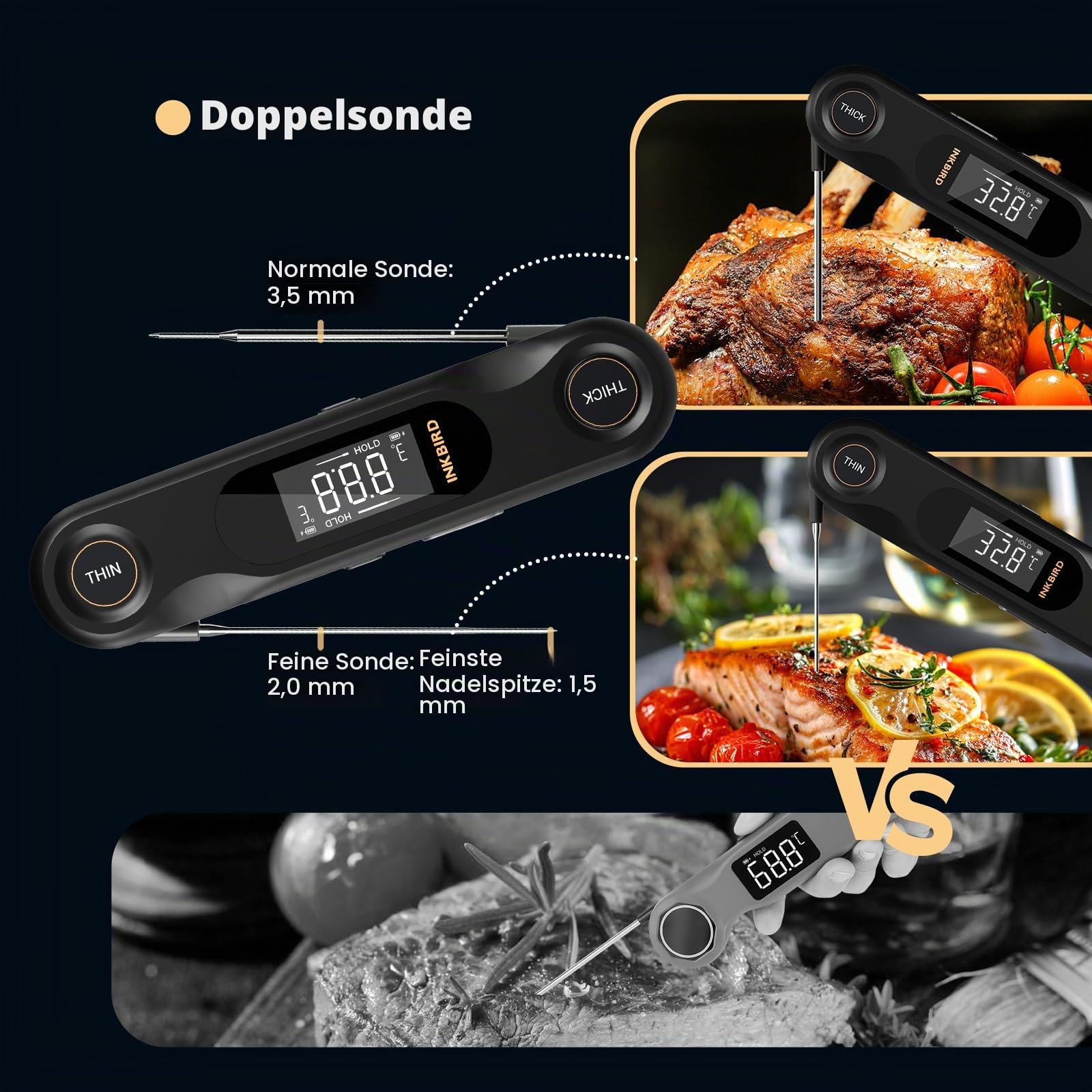 INKBIRD Fleischthermometer Digital, Zwei Sonden Grillthermometer K-Sensor