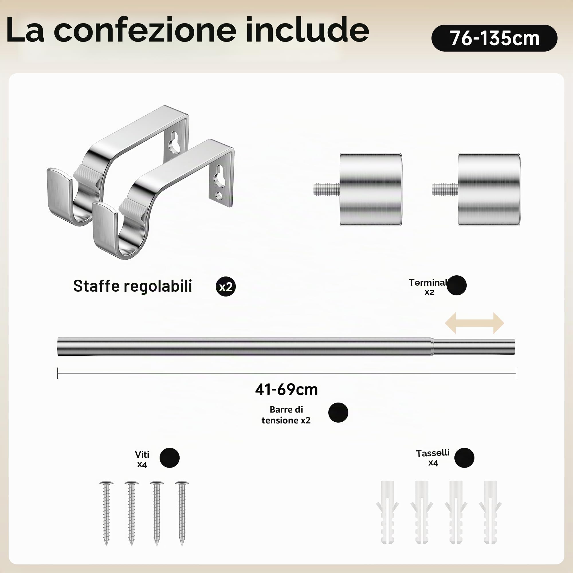 Aste per Tende Allungabili 76-135 cm 19 mm Nichel Spazzolato