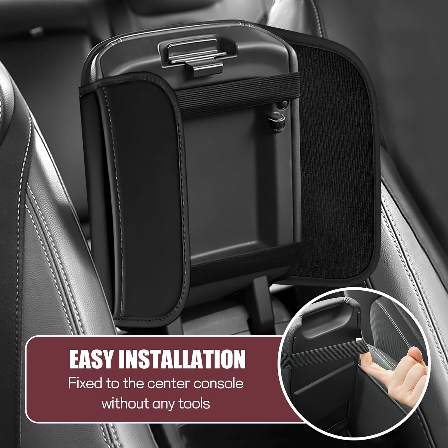 wuyaoyao Car Center Console Cover, Leather Memory Foam Armrest Cover Cushion with 2 Storage Bags, Universal Car Armrest Seat Box Pad Car Interior Accessories Protector for Most Vehicle (Black)