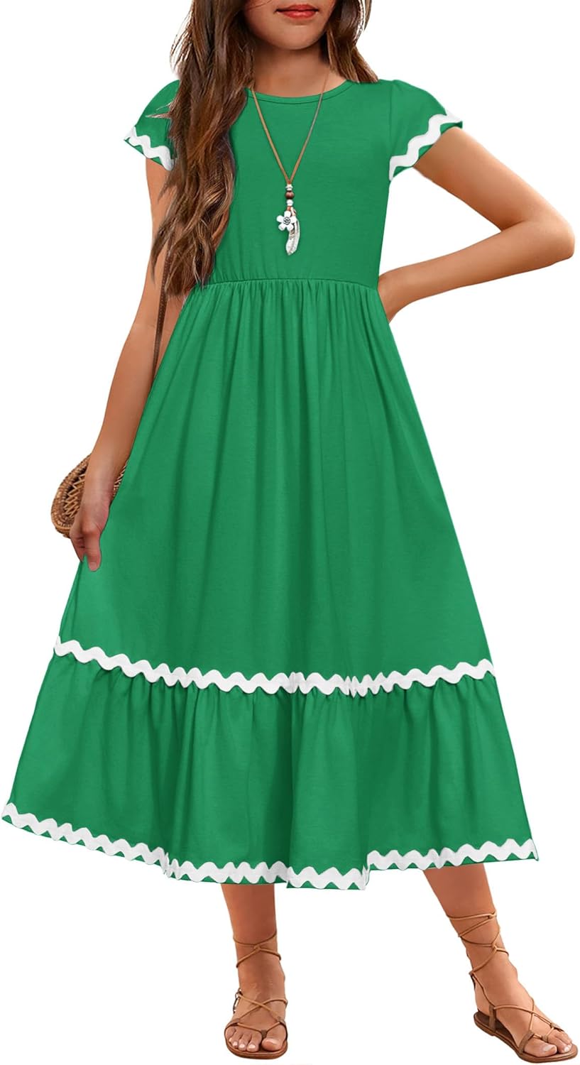Arshiner Girls Summer Maxi Dresses Short Sleeve Casual Flowy Tiered Dress with Pockets for 4-14 Years