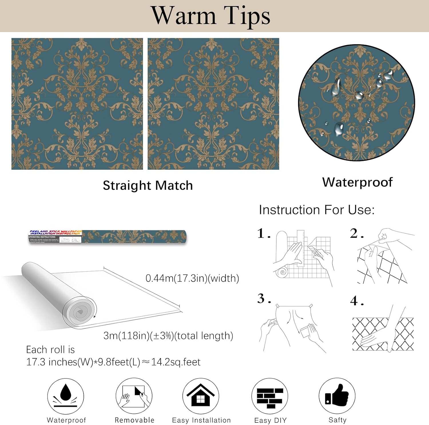 Vintage Damask Peel and Stick Wallpaper, Self Adhesive Removable Vinyl Wall Covering, Teal Gold Traditional, 17.3" x 118", Home Decor for Bedroom, Living Room