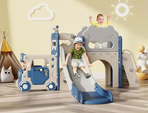 Miniatura 8 de Babytronic Tobogán para Niños Pequeños, 9 en 1 Tobogán de Autobús Interior para Niños de 1-3 Años, Tobogán Interior y Exterior para Bebés con Aro de