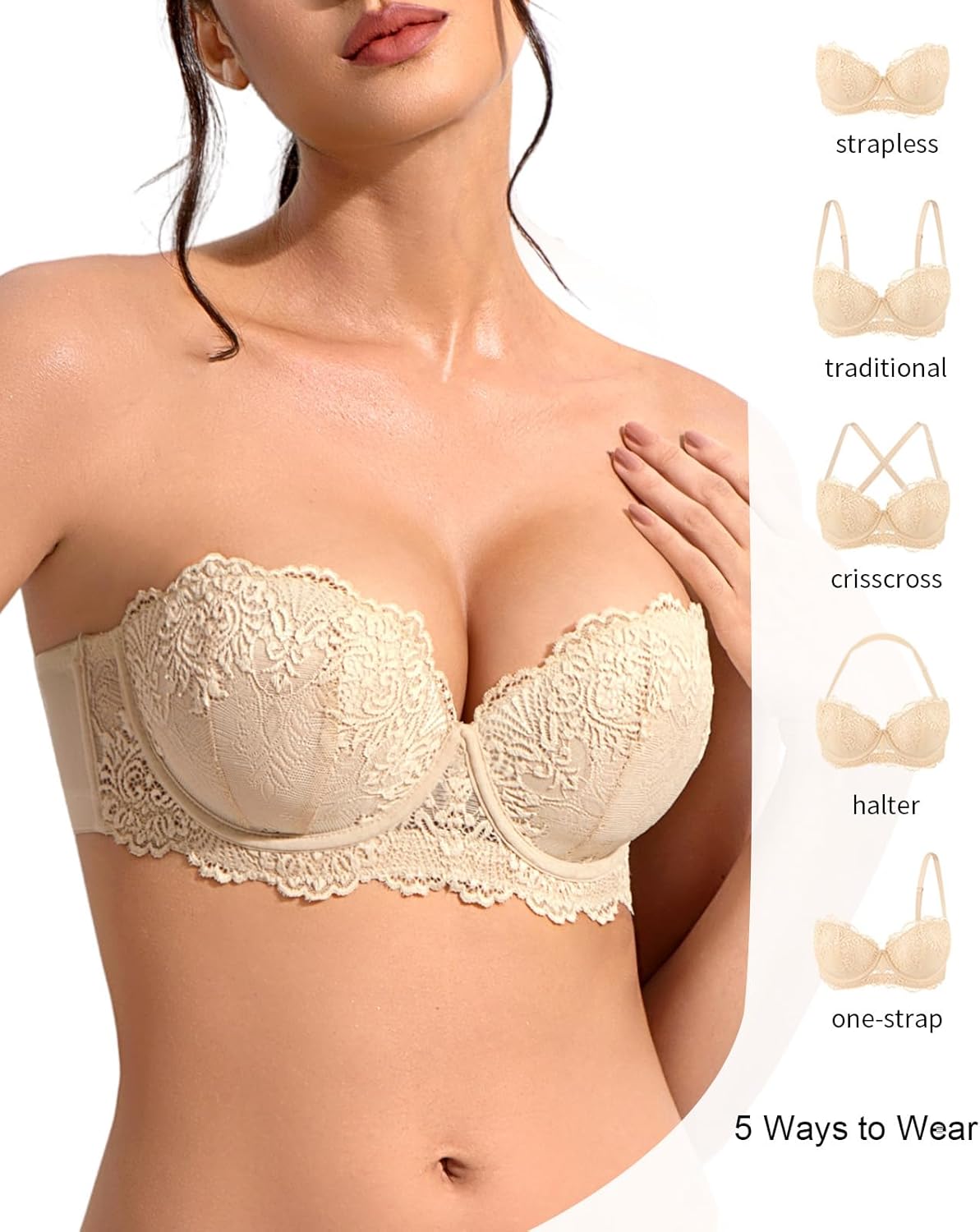 Women's Strapless Push Up Bra Convertible Multiway Lace Padded Underwire Bras with Clear Straps - Image 3