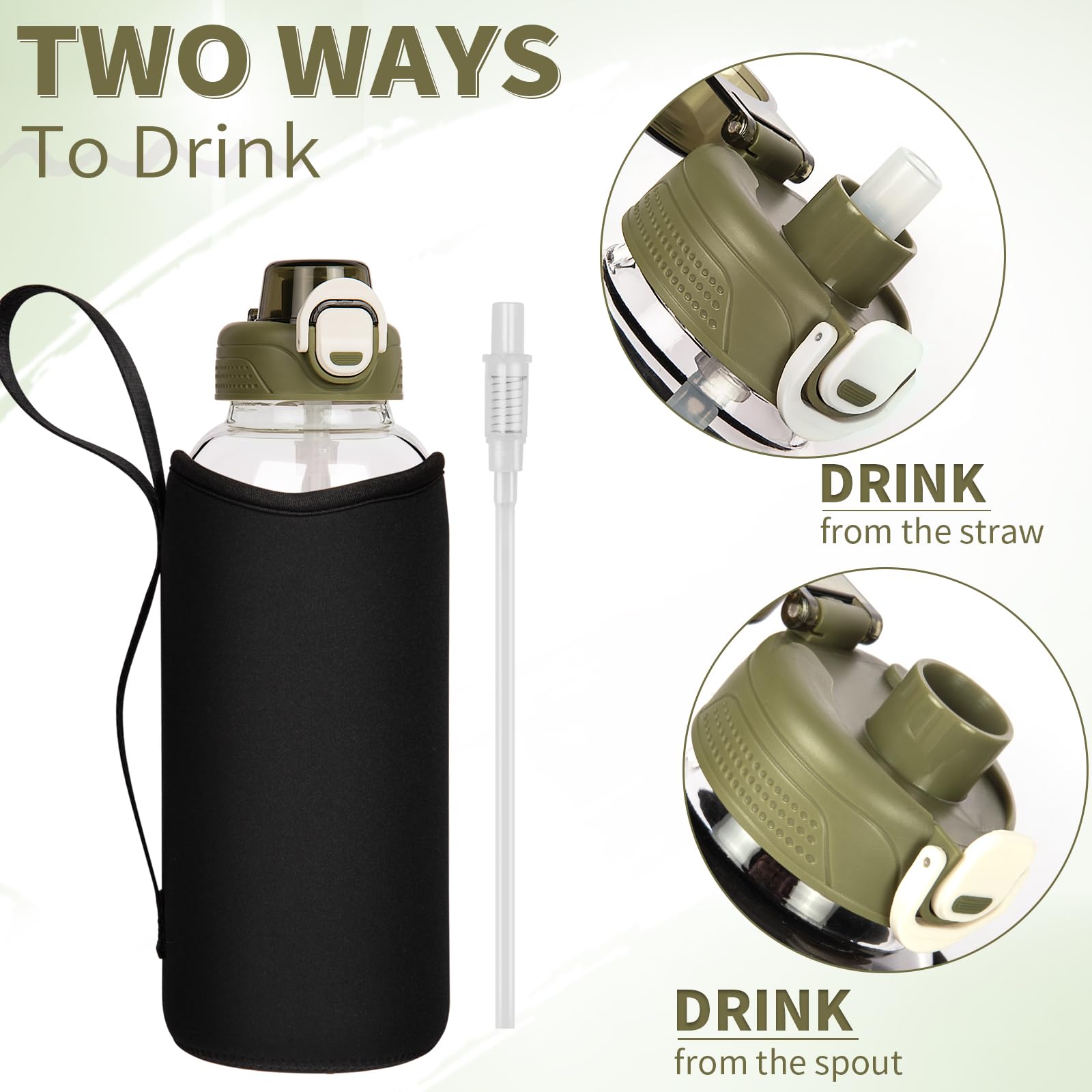 DEARRAY 1.5l Glass Water Bottle with Straw & Neoprene Sleeve 1.5 litre BPA free Large Glass Drinking Bottle Leakproof - Image 3