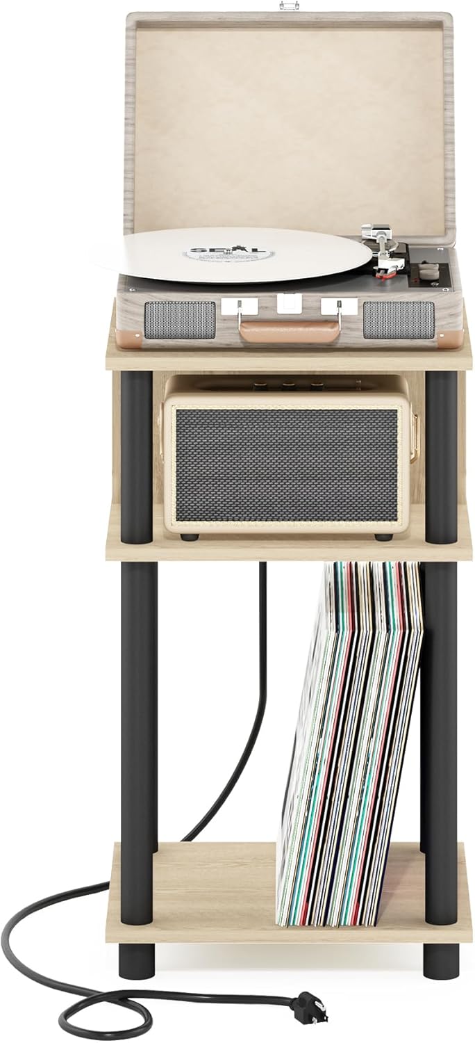 Furinno Just 3-Tier Turn-N-Tube Open Storage End Table with USB and Type-C Charging Port, 11.42 (W) x 9.92 (H) x 6.91 (D) inches, Bauhaus Oak/Black