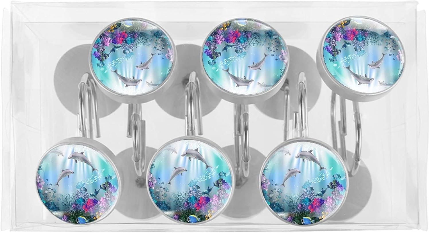LORVIES Sea World Dolphin Shower Curtain Hooks Set of 12, Stainless Steel Shower Hooks Decorative Hanger Rings Rust Resistant for Bathroom Kids Room Fashion Home Decor