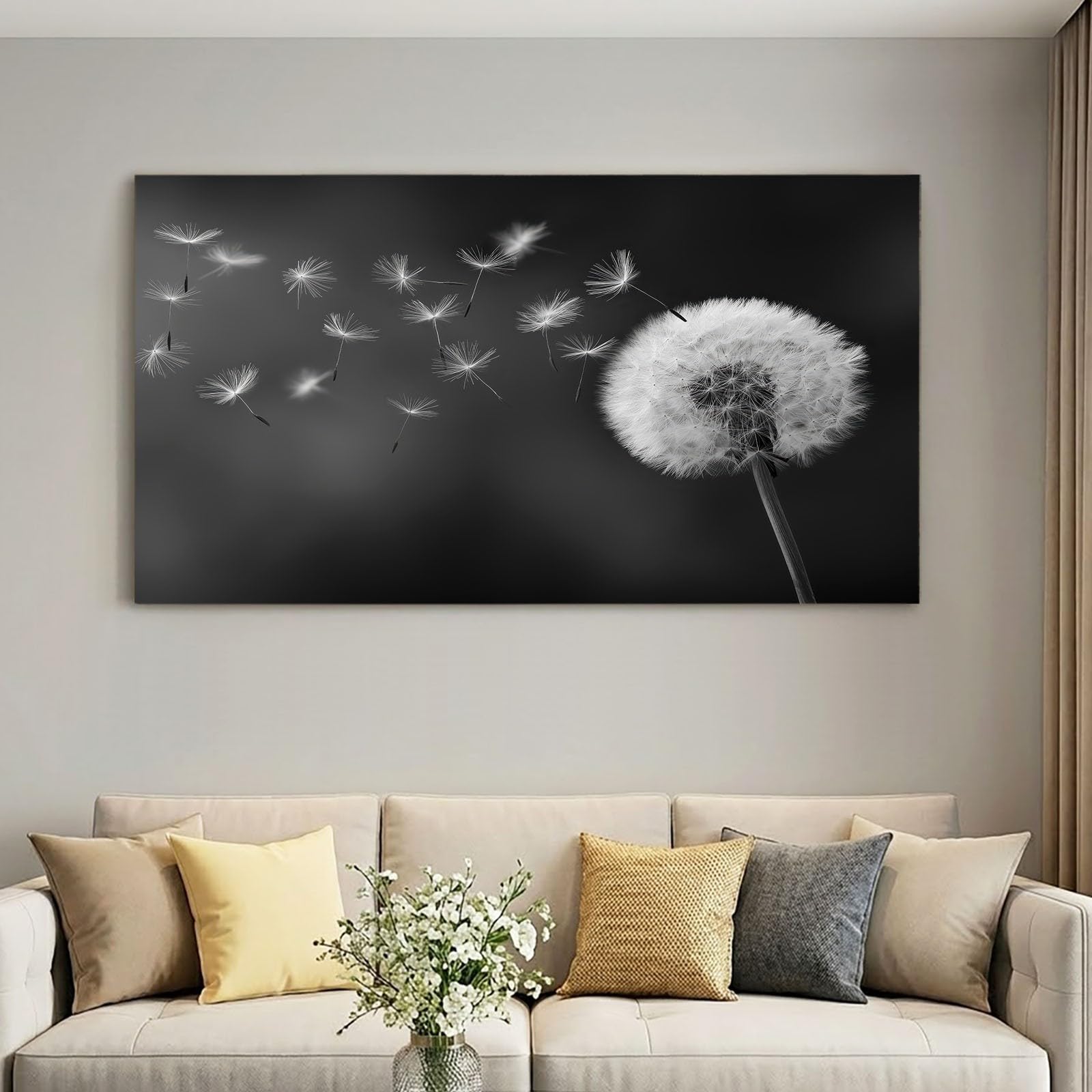 Lienzo enmarcado para decoración del hogar, baño, oficina, decoración de pared, pinturas en blanco y negro, fotografía de plantas de diente de león, impresión para decoración del hogar, 120 x 80 cm