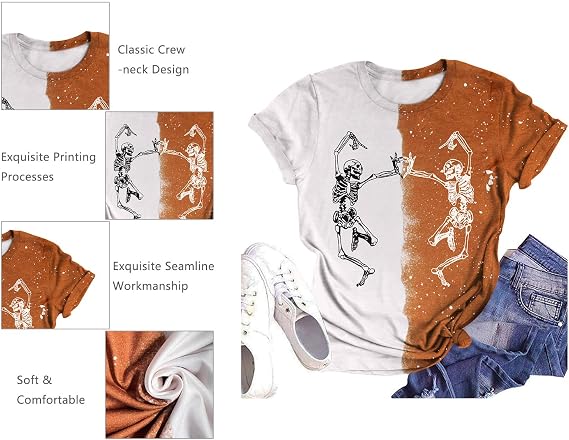 Dancing Skeleton Shirt for Women Happy Halloween T-Shirt Funny Skeleton Graphic Tees Tops Blouse Gift