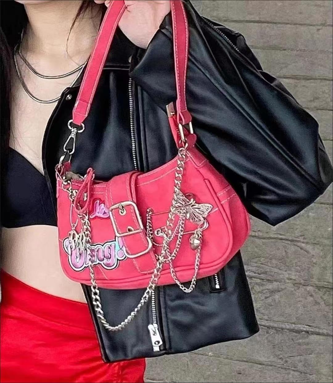 FONETTOS Punk Bag, Sourpuss Gothic Tote Purse Y2K Cool Style Trendy Women Shoulder Bags Rock Fashion Girls Handbag: L-rose Red