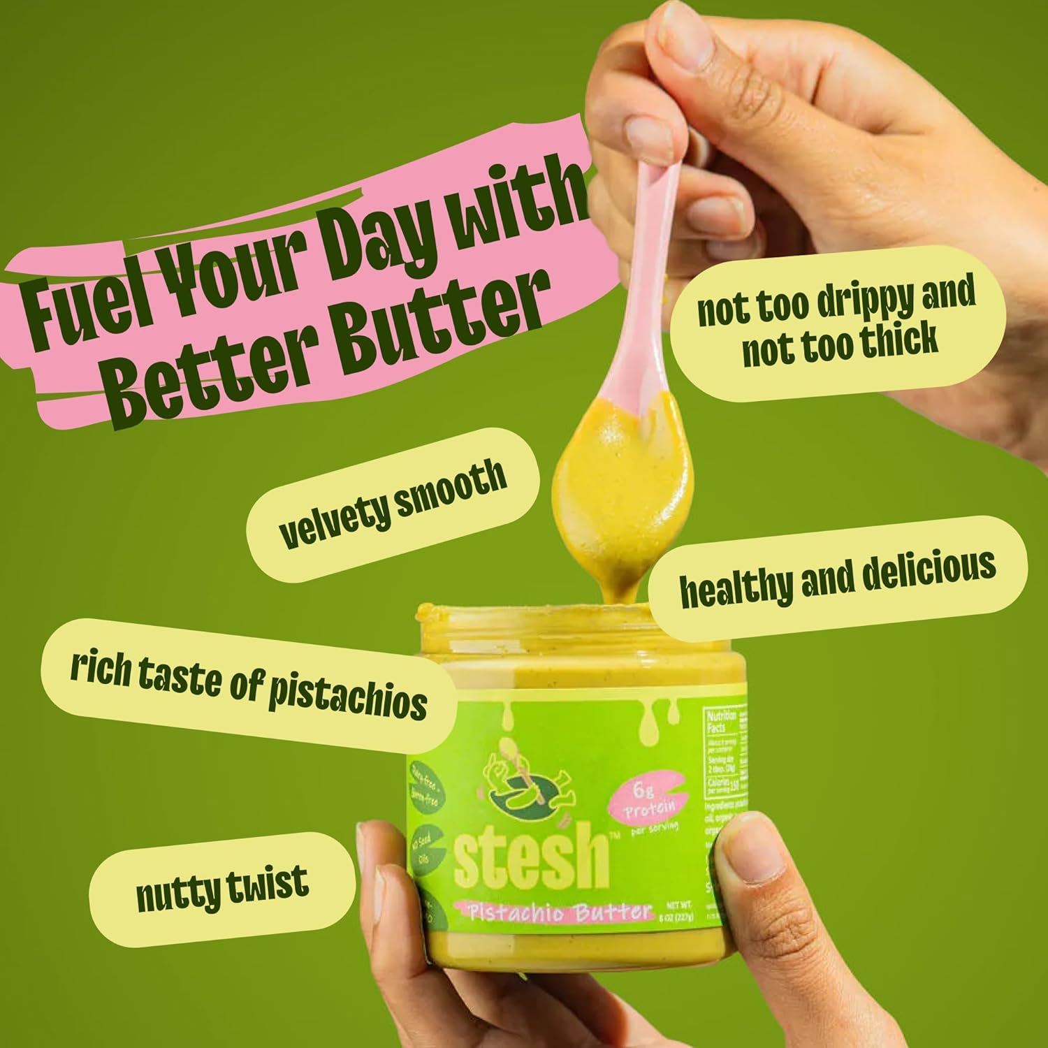 Stesh Pistachio Butter (2-Pack, 8oz Jars Each) | Prebiotic Fiber Protein Spread, Natural Vegan Creamy High Protein Pistachio Nut Butter | Gluten-Free, Dairy-Free, Non-GMO, No Seed Oils, Great on Toast