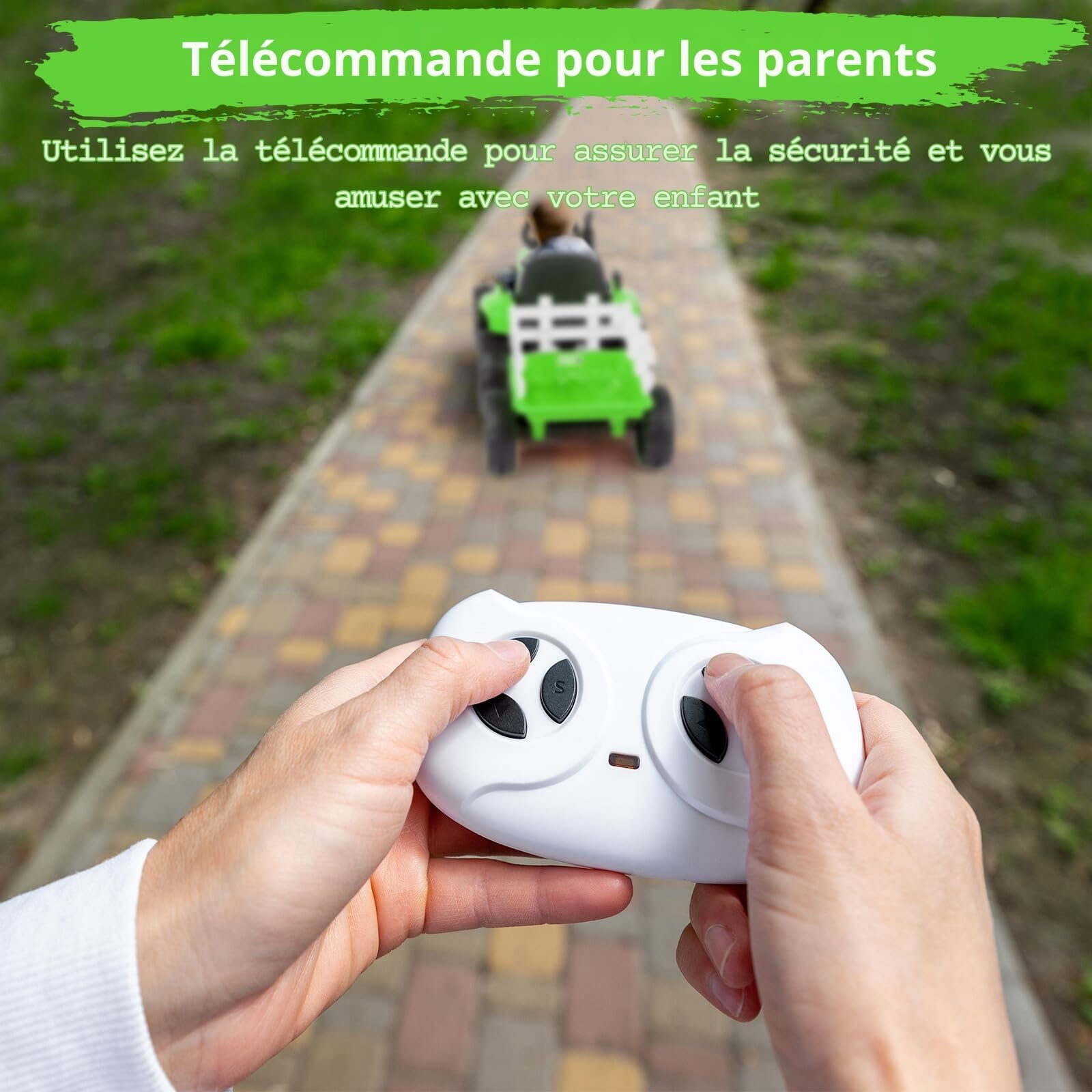 LEADZM 12V Tracteur Électrique Enfant avec Remorque Amovible, Lumière LED, Musique, Klaxon, Télécommande 2,4 GHz Vert
