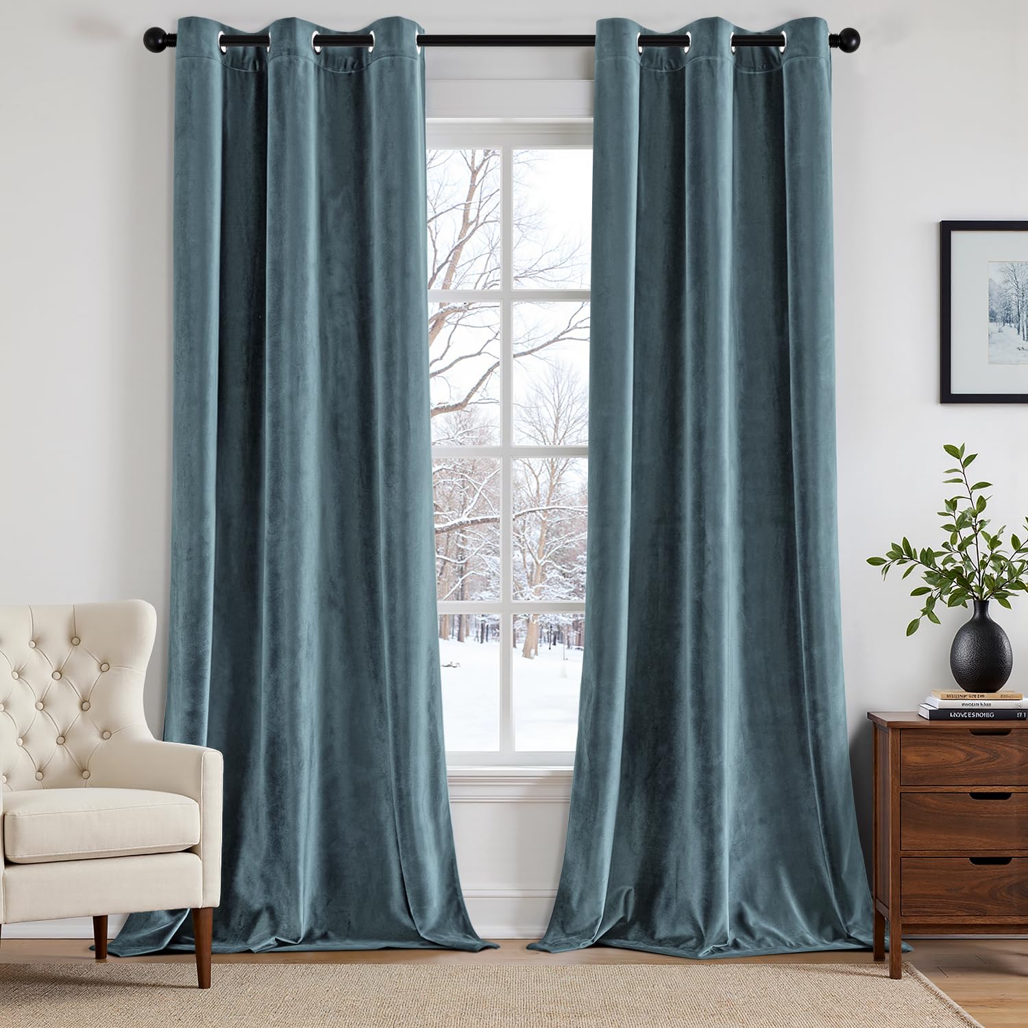 ANRODUO Grayish Blue Velvet Curtains 108 Inches Long Blackout Thermal Insulated Soundproof Curtain Privacy Room Darkening Curtains Grommet Window Drapes for Bedroom Living Room 42 x 108 Inch Set of 2
