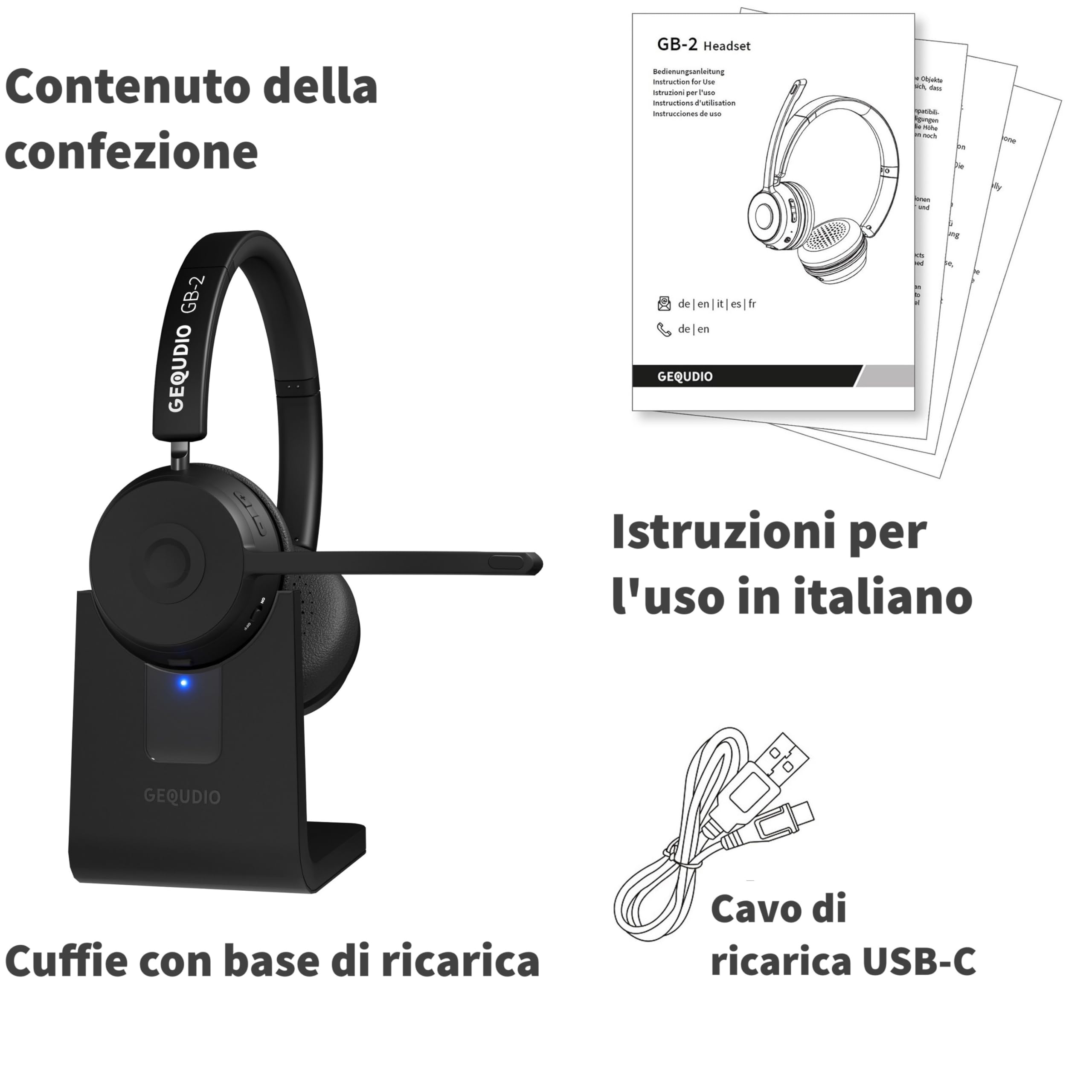 GEQUDIO GB-2 - Cuffie Bluetooth con microfono, con cancellazione del rumore, senza fili, per due dispositivi come smartphone, cellulare, PC o laptop, in ufficio (GB-2 con ricarica)