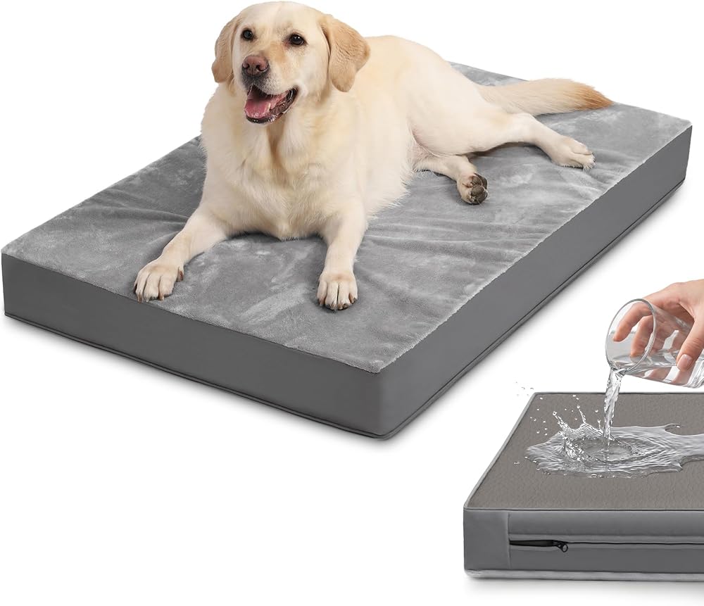 Waterproof Outdoor Dog Bed Large Sized, Washable Crate Pad 35" Orthopedic | Reversible Faux Leather & Flannel, Durable Removable Cover, Pet Bed Foam, Anti-Slip Bottom,Kennel Pad 35"x22" Gray
