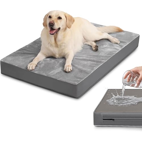 Waterproof Outdoor Dog Bed Large Sized, Washable Crate Pad 35" Orthopedic | Reversible Faux Leather & Flannel, Durable Removable Cover, Pet Bed Foam, Anti-Slip Bottom,Kennel Pad 35"x22" Gray