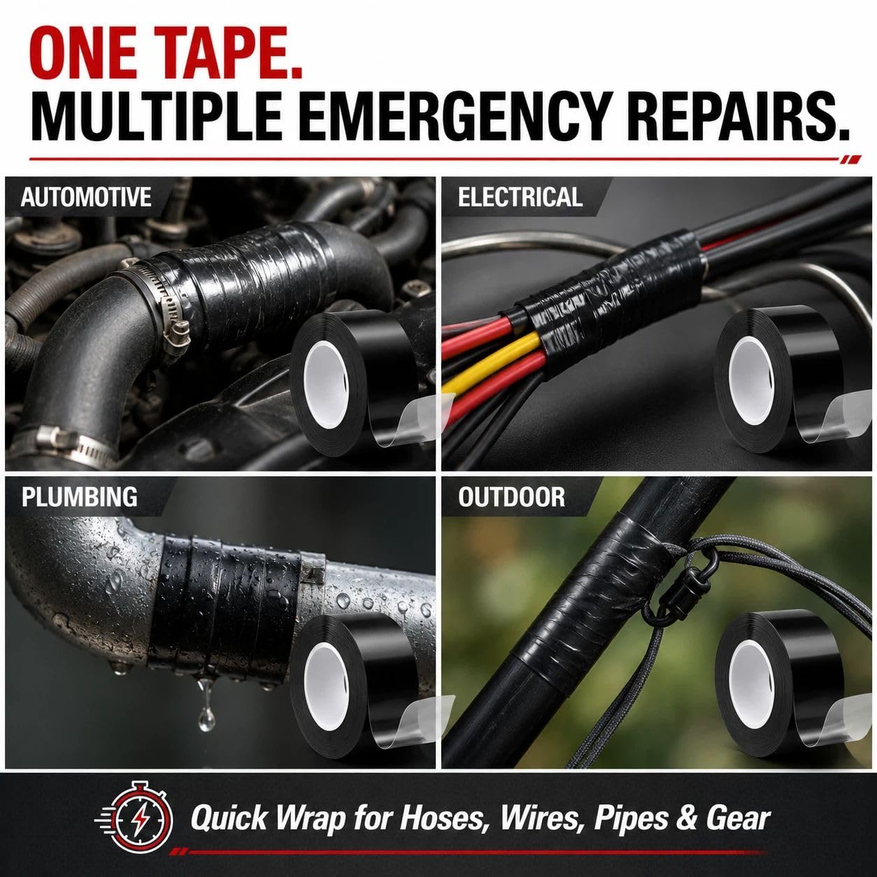 Self-Fusing Silicone Sealing Tape, Waterproof Repair Tape for Hose, Pipe, Electrical Cable, High Strength Leak Fix Wrap, Weatherproof Emergency Insulation Tape (1" x 33' x 20mil) Black